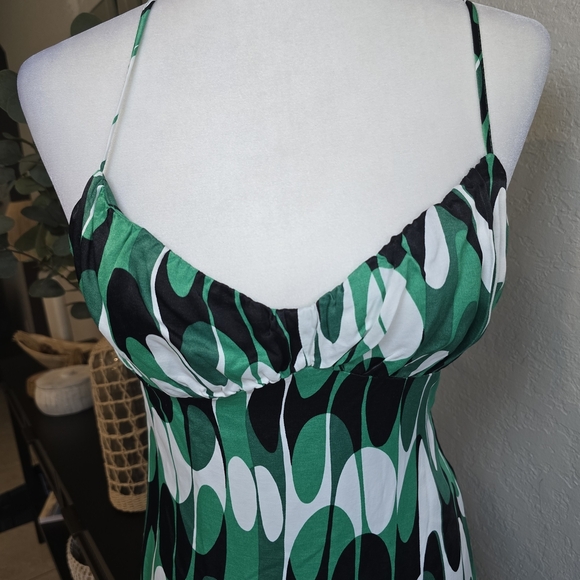 Zara Satin Printed Camisole Green and White Wave Maxi Dress Size S - Picture 3 of 9